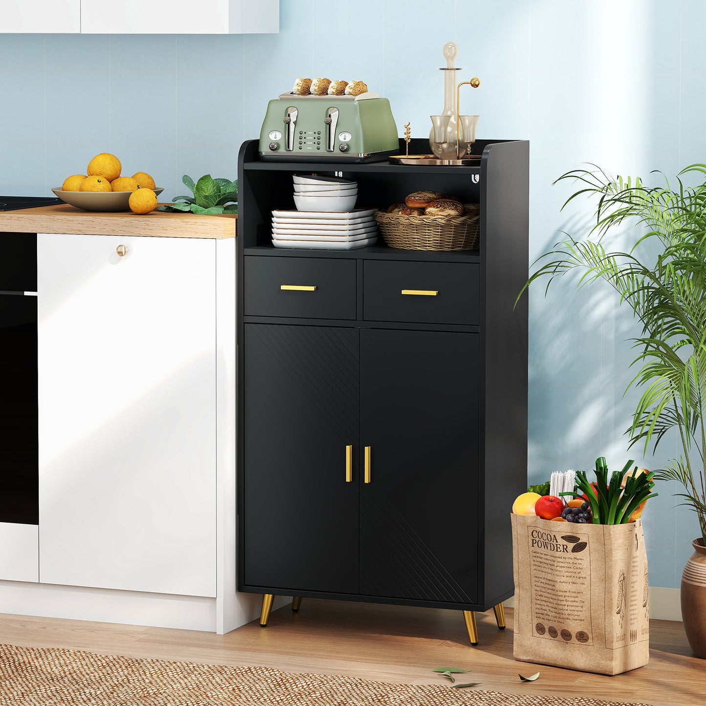 LIVSK Multifunctionele Opbergkast - Verstelbare Plank - Werkblad, 2 Lades, 2 Deuren - Modern Design - 60 x 30 x 113 cm - Zwart