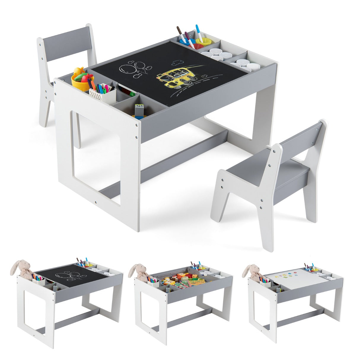 Livsk costway multifunctionele kindertafel 2 stoelen set zitgroep voor kinderen van hout met afneembaar dubbelzijdig tafelblad grijs en wit