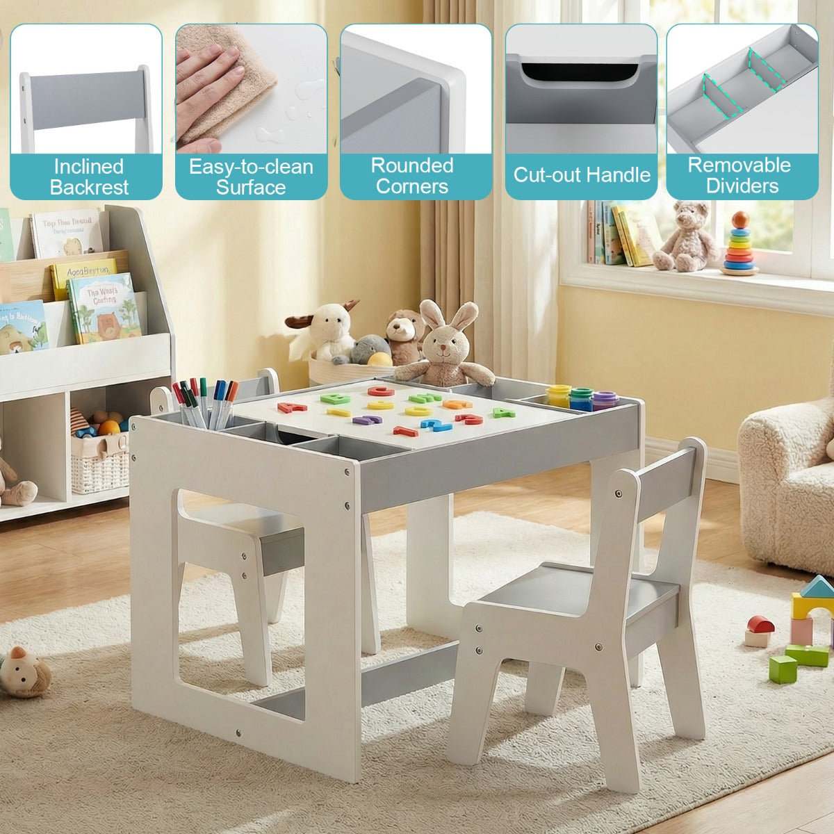 Livsk costway multifunctionele kindertafel 2 stoelen set zitgroep voor kinderen van hout met afneembaar dubbelzijdig tafelblad grijs en wit