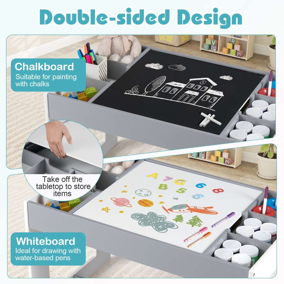 Livsk costway multifunctionele kindertafel 2 stoelen set zitgroep voor kinderen van hout met afneembaar dubbelzijdig tafelblad grijs en wit