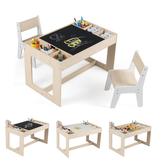 Livsk costway multifunctionele kindertafel 2 stoelen set zitgroep voor kinderen van hout met afneembaar dubbelzijdig tafelblad naturel