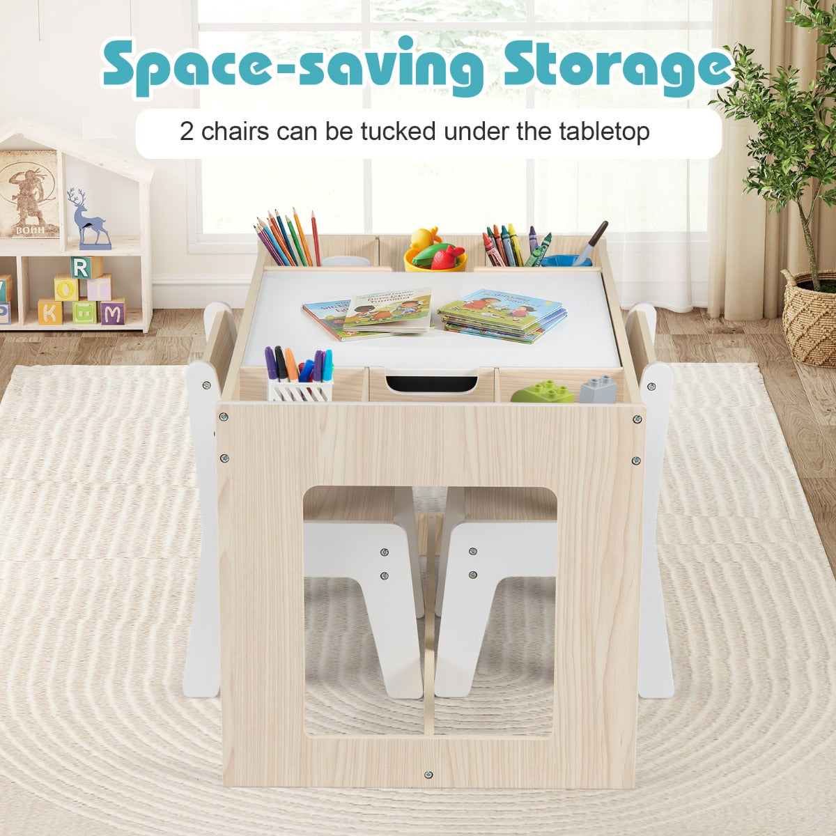 Livsk costway multifunctionele kindertafel 2 stoelen set zitgroep voor kinderen van hout met afneembaar dubbelzijdig tafelblad naturel