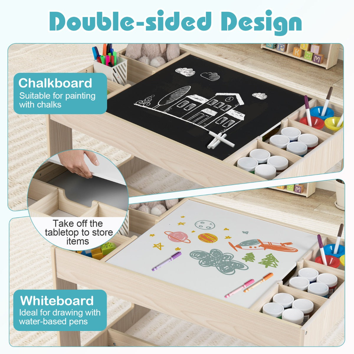 Livsk costway multifunctionele kindertafel 2 stoelen set zitgroep voor kinderen van hout met afneembaar dubbelzijdig tafelblad naturel