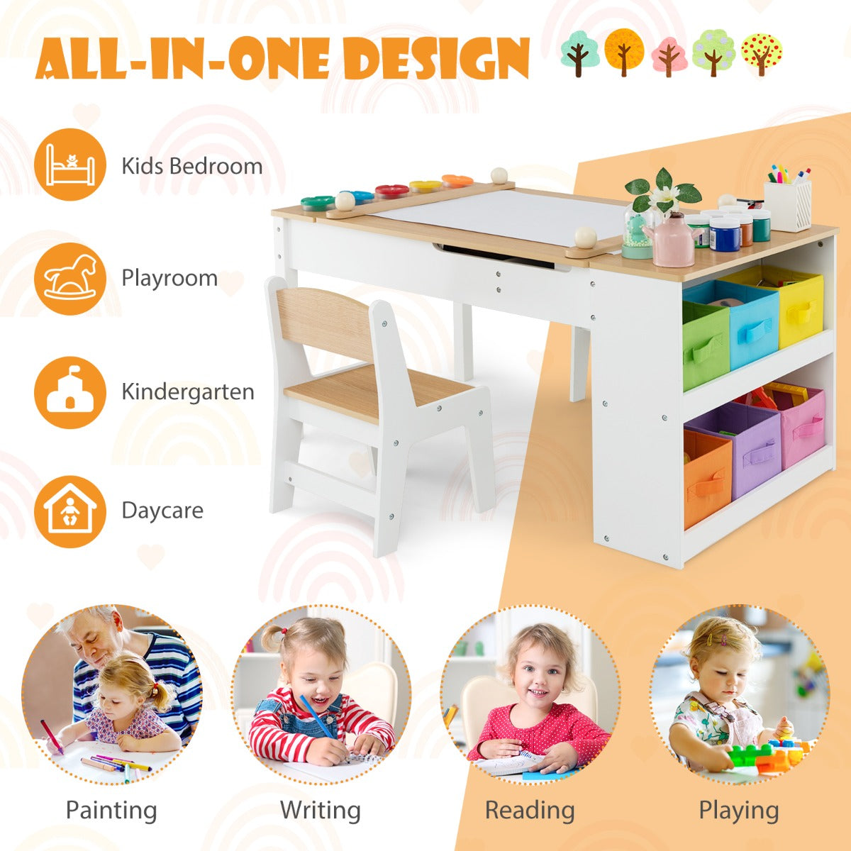 LIVSK Multifunctionele Kindertafel- en Stoelset - Opklapbaar - Inclusief Papierrol en Opbergbakken - Veiligheidsdetails - Wit +