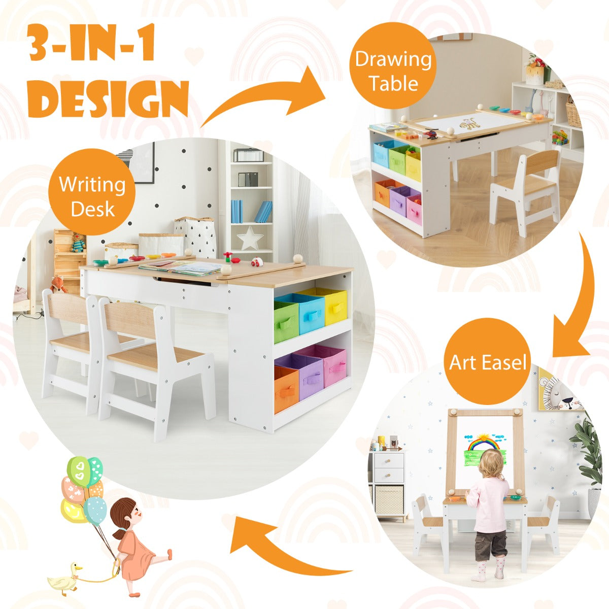 LIVSK Multifunctionele Kindertafel- en Stoelset - Opklapbaar - Inclusief Papierrol en Opbergbakken - Veiligheidsdetails - Wit +