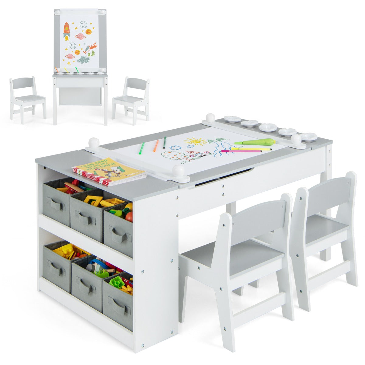 LIVSK Multifunctionele Kindertafel en Stoel Set - 2-in-1 met Opbergbakken en Papierrol - Veiligheidsdetails - Wit + Grijs