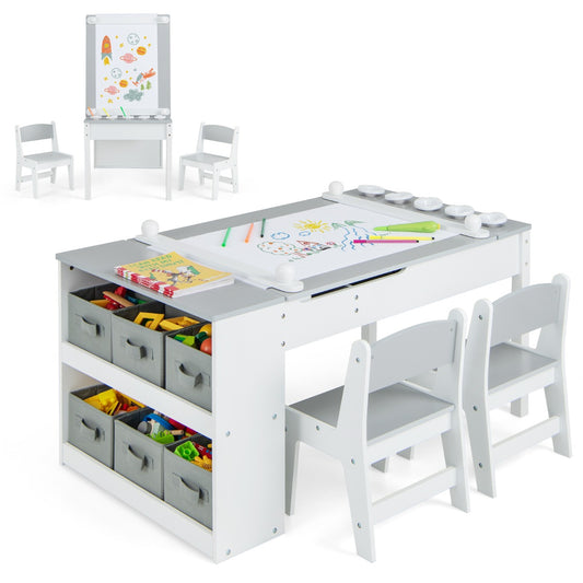 LIVSK Multifunctionele Kindertafel en Stoel Set - 2-in-1 met Opbergbakken en Papierrol - Veiligheidsdetails - Wit + Grijs