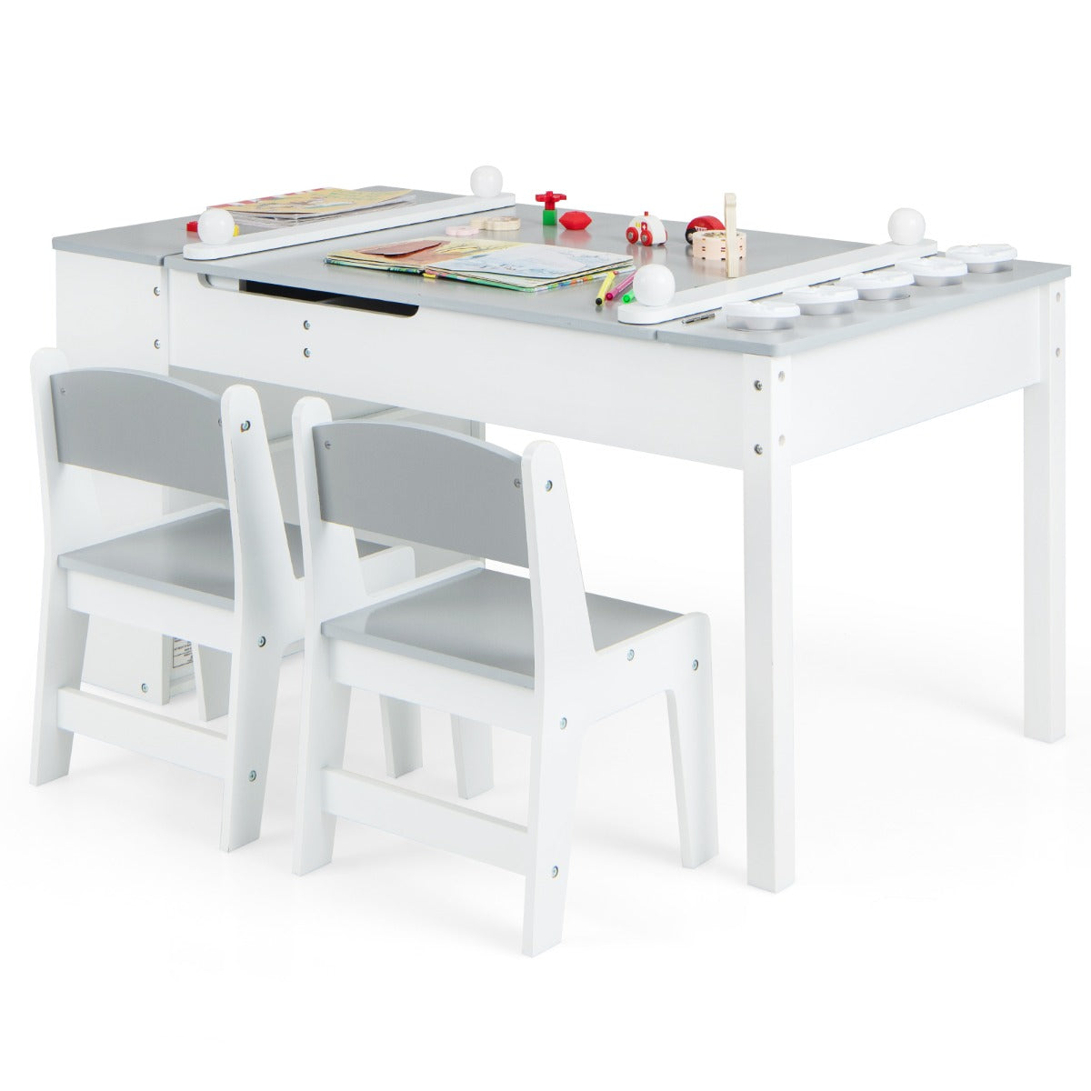 LIVSK Multifunctionele Kindertafel en Stoel Set - 2-in-1 met Opbergbakken en Papierrol - Veiligheidsdetails - Wit + Grijs