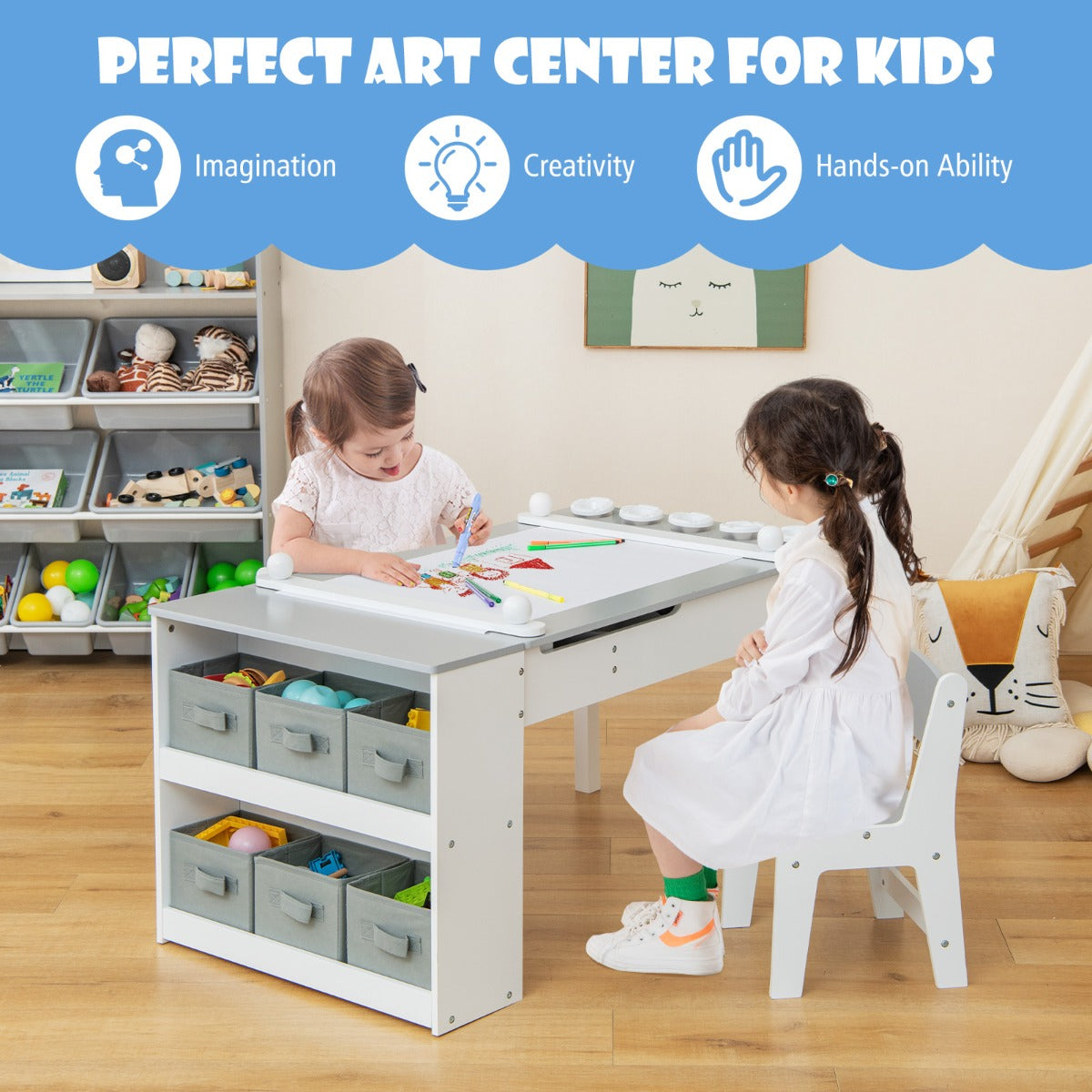 LIVSK Multifunctionele Kindertafel en Stoel Set - 2-in-1 met Opbergbakken en Papierrol - Veiligheidsdetails - Wit + Grijs