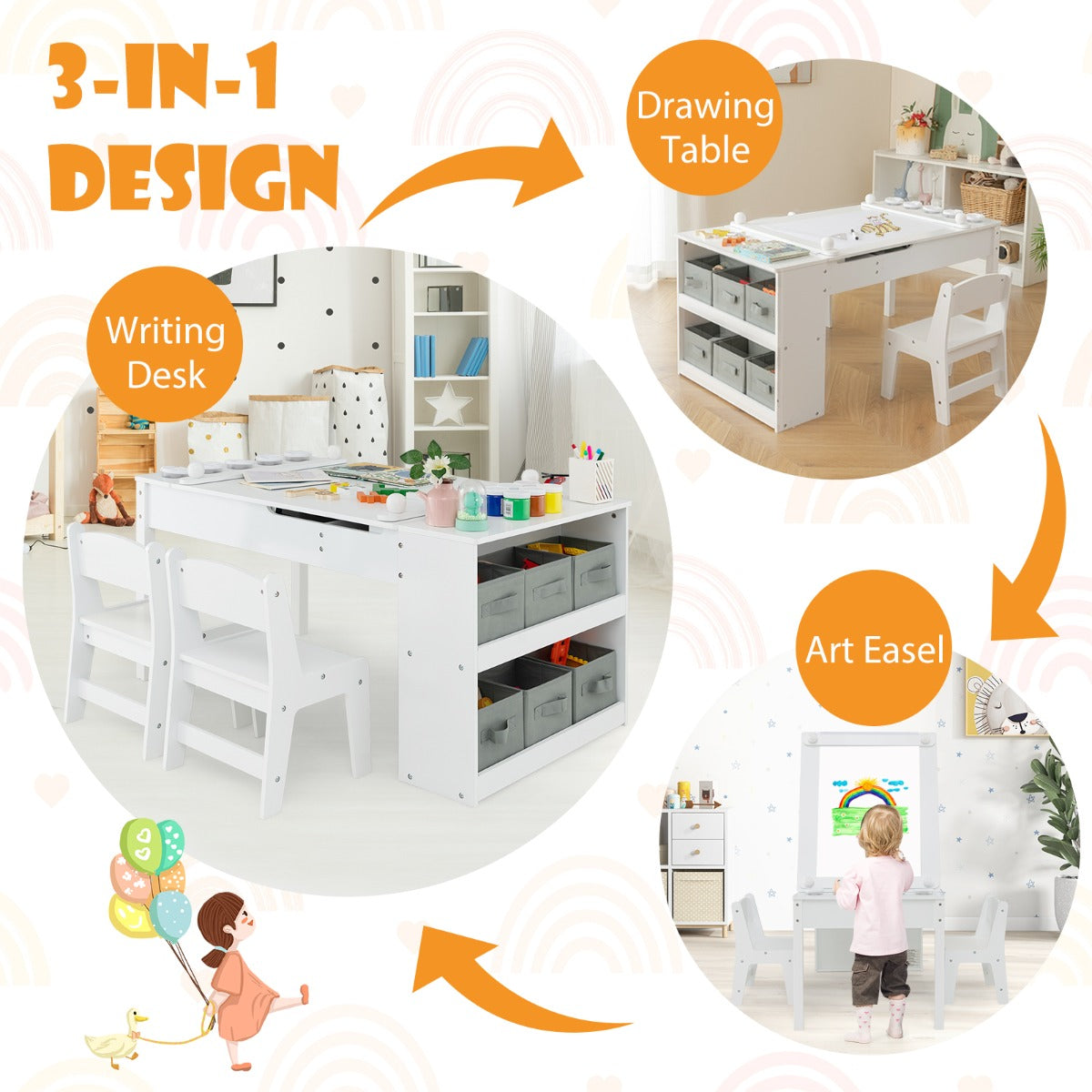 LIVSK Multifunctionele Kindertafel en Stoelset - Opklapbaar met Ingebouwde Ezel - Veilig Ontwerp - Inclusief Accessoires - Wit