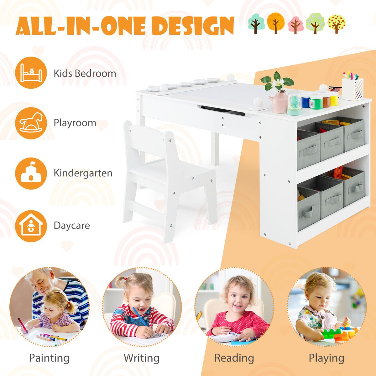 LIVSK Multifunctionele Kindertafel en Stoelset - Opklapbaar met Ingebouwde Ezel - Veilig Ontwerp - Inclusief Accessoires - Wit
