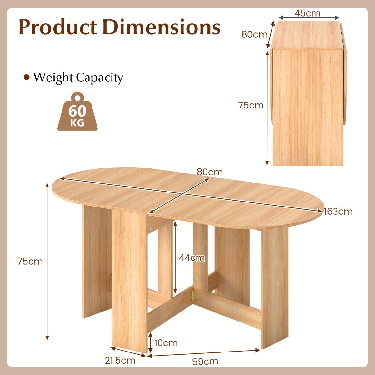 Livsk costway multifunctionele opvouwbare tafel uitklapbare zijkant verlengbare eettafel ronde verlengbare eettafel 163 x 80 x 75cm naturel 2