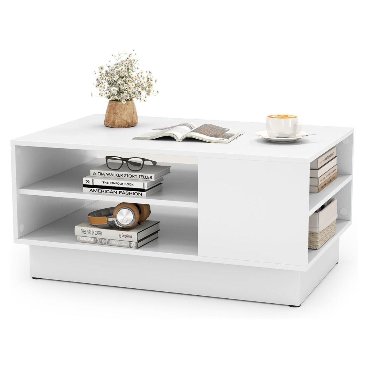 LIVSK Multifunctionele Salontafel - Opbergplanken - Draagkracht tot 100 kg - Eigentijds Design - 86 x 56 x 41 cm - Wit/Natuurlijk