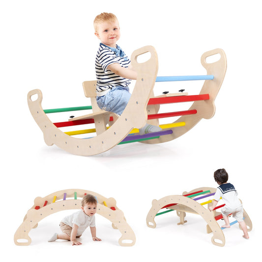 LIVSK 4-in-1 Speelset - Houten Klimboog, Schommelstoel, Hobbelpaard en Kruiptunnel - Veilig en Comfortabel - Veelkleurig