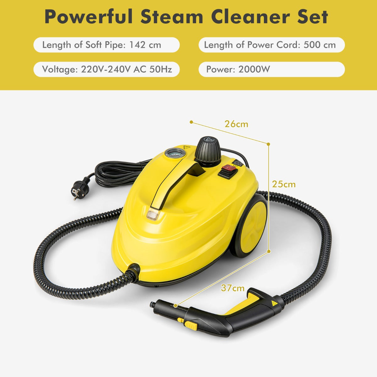 LIVSK Multifunctionele Stoomreiniger - 1,8L Capaciteit - 2000W - 160°C - 13 Accessoires - Veilig Ontwerp - Geel