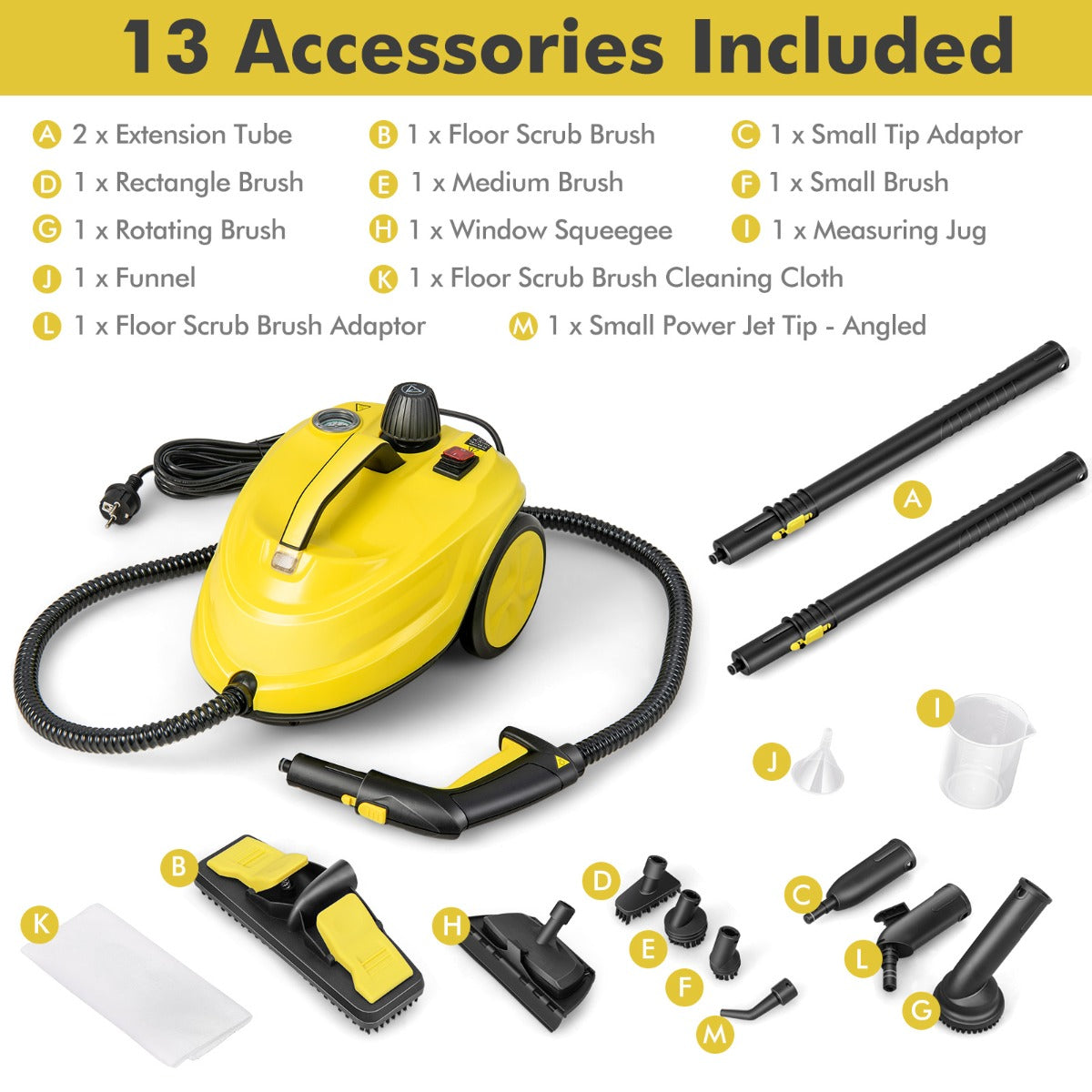 LIVSK Multifunctionele Stoomreiniger - 1,8L Capaciteit - 2000W - 160°C - 13 Accessoires - Veilig Ontwerp - Geel