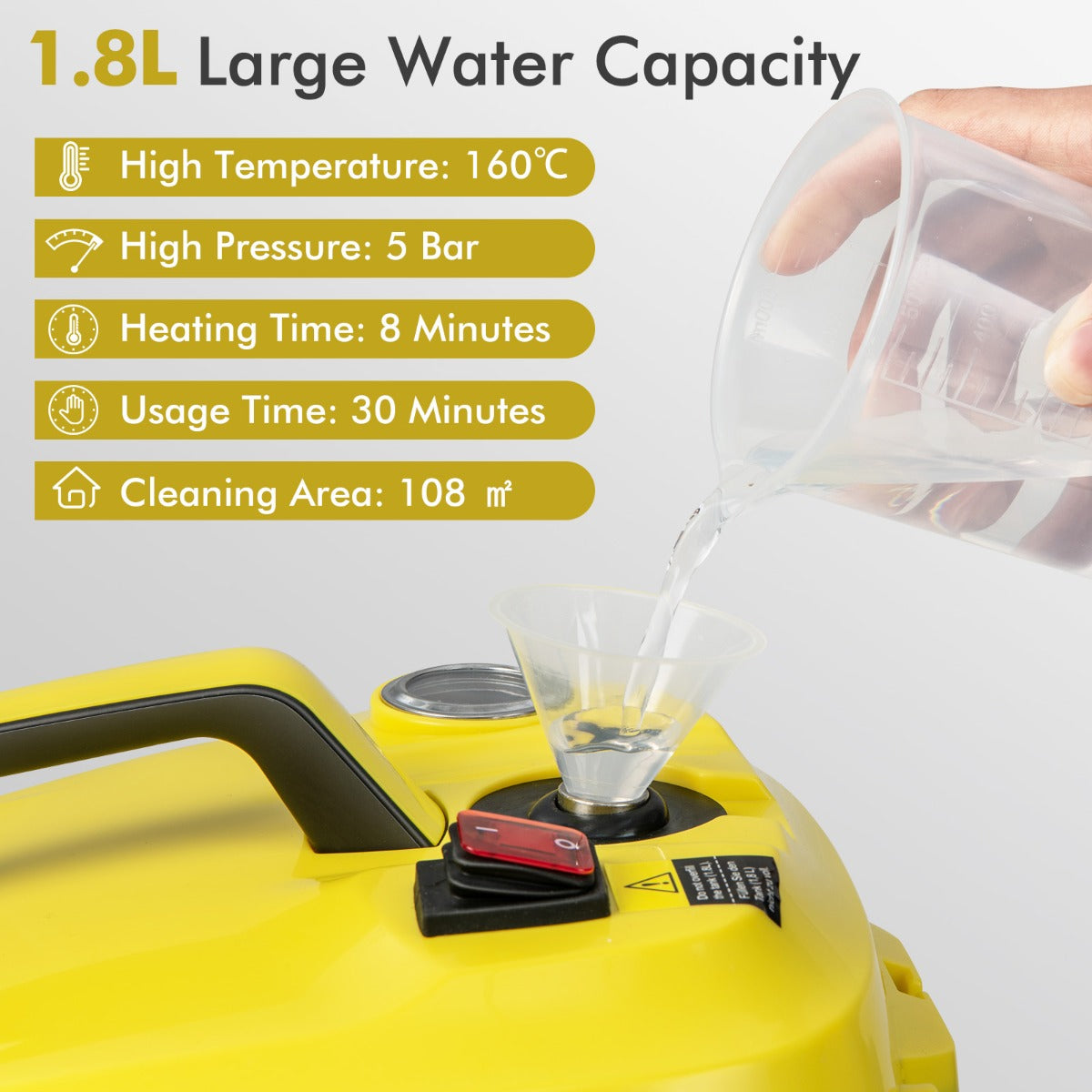 LIVSK Multifunctionele Stoomreiniger - 1,8L Capaciteit - 2000W - 160°C - 13 Accessoires - Veilig Ontwerp - Geel