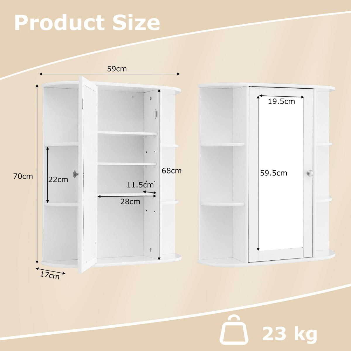 LIVSK Wandkast met Spiegel - 6 Open Planken - Verstelbare Binnenplanken - Wandmontage - Praktisch Ontwerp - Wit