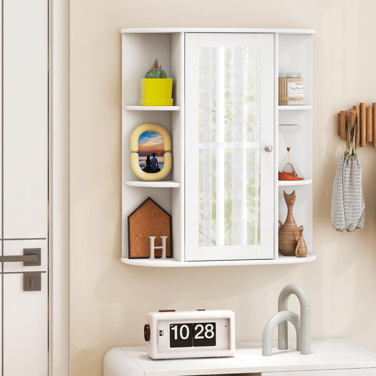 LIVSK Wandkast met Spiegel - 6 Open Planken - Verstelbare Binnenplanken - Wandmontage - Praktisch Ontwerp - Wit