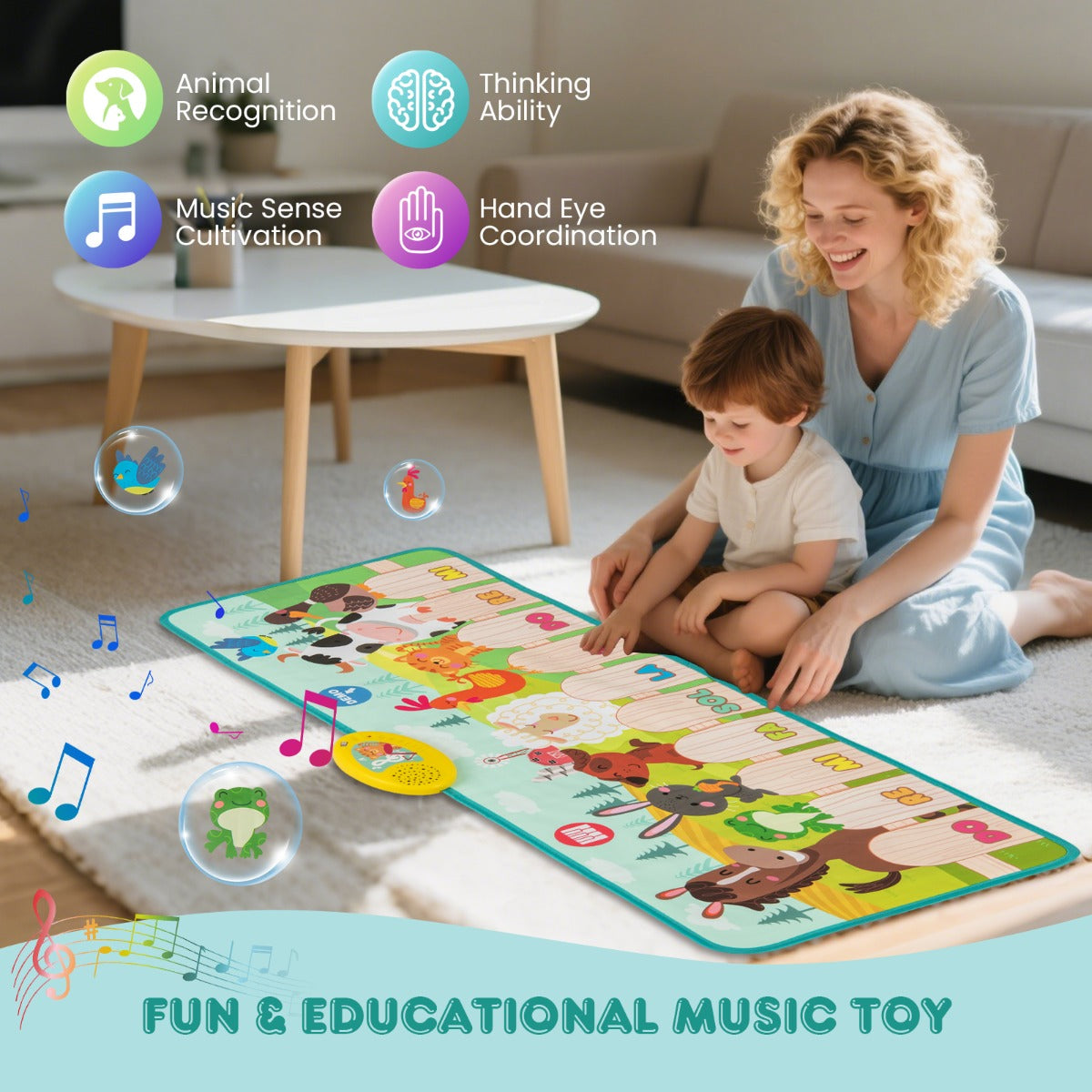 LIVSK Dierenboerderij Pianomat - 10 Dierengeluiden & 10 Pianotoetsen - Opvouwbaar & Antislip - Educatief Speelgoed - 95 x 36 cm -