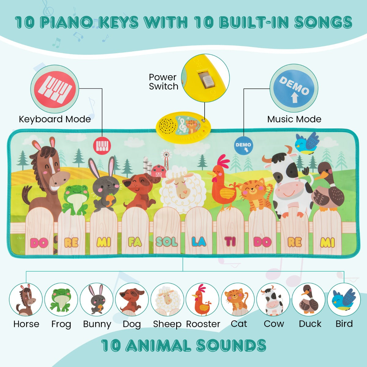 LIVSK Dierenboerderij Pianomat - 10 Dierengeluiden & 10 Pianotoetsen - Opvouwbaar & Antislip - Educatief Speelgoed - 95 x 36 cm -