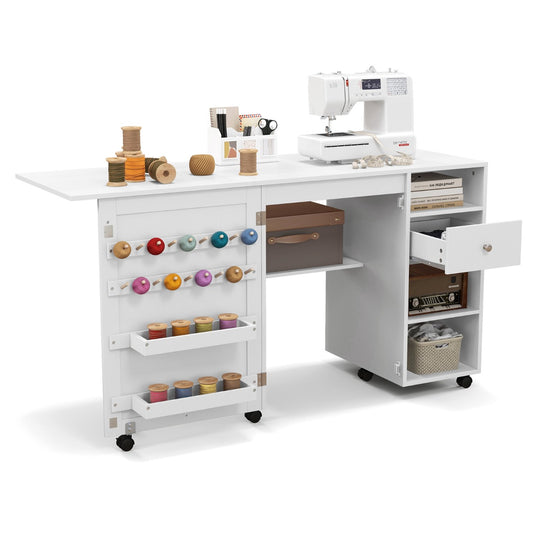 Livsk costway naaimachine kast inklapbare naaitafel opbergplanken dienblad garenhouder bureau multifunctioneel hand werkstation wit