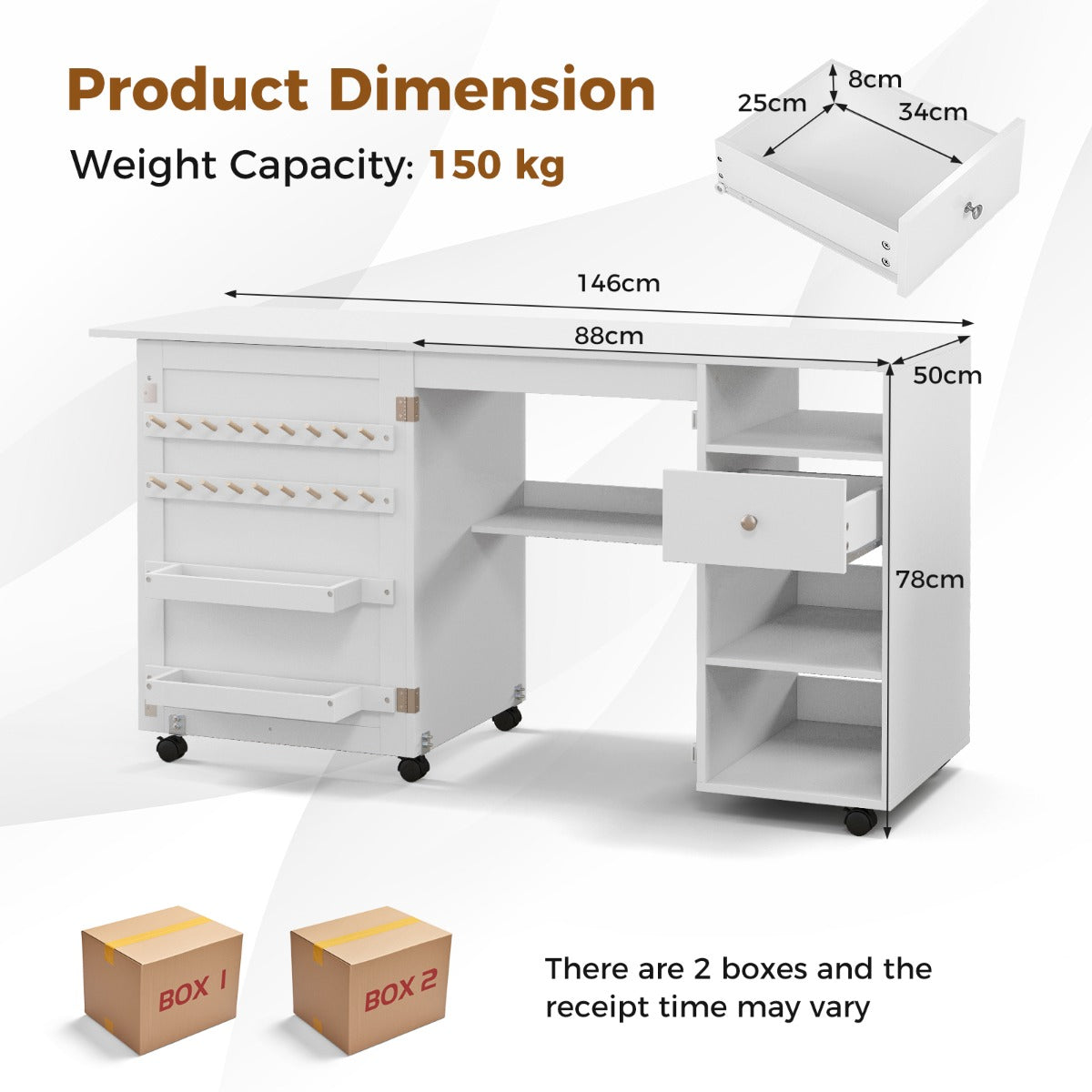 Livsk costway naaimachine kast inklapbare naaitafel opbergplanken dienblad garenhouder bureau multifunctioneel hand werkstation wit 2