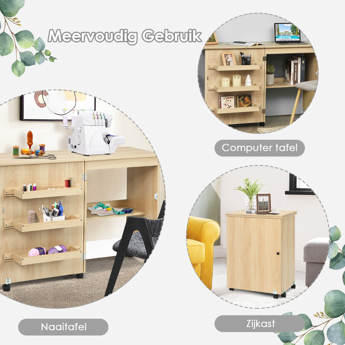 LIVSK Opklapbare Naaimachinetafel - Ruimtebesparend - 3 Opbergvakken - Flexibele Zwenkwielen - Hoogwaardig MDF - Licht notenhout