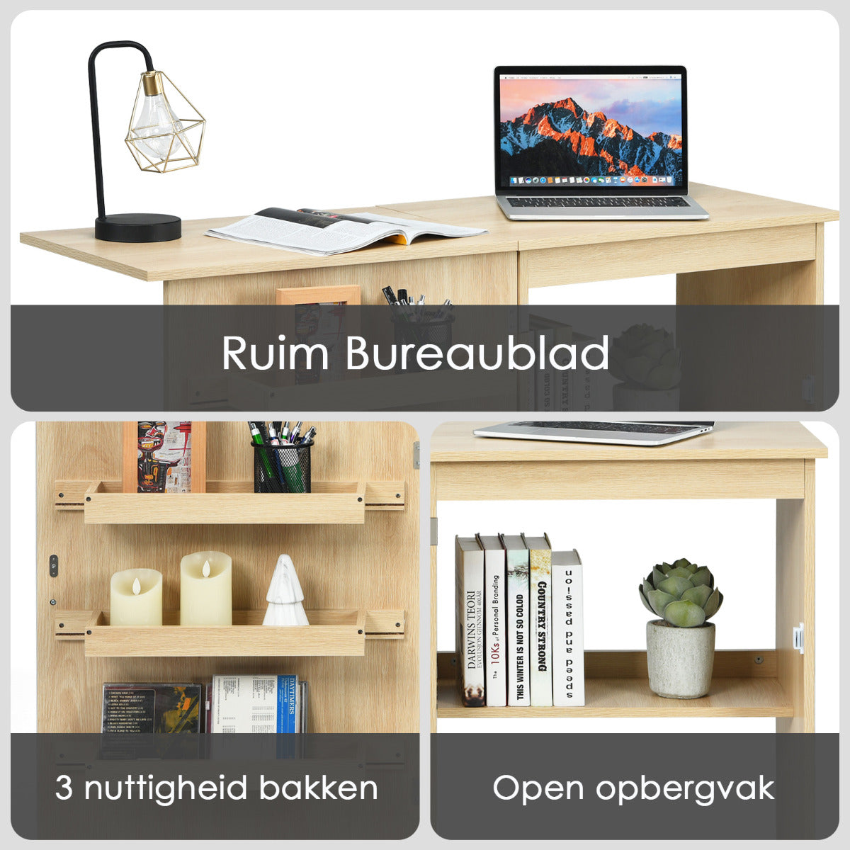 LIVSK Opklapbare Naaimachinetafel - Ruimtebesparend - 3 Opbergvakken - Flexibele Zwenkwielen - Hoogwaardig MDF - Licht notenhout