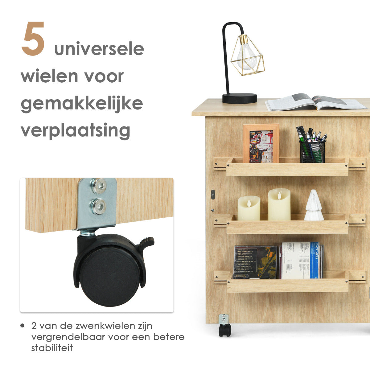 LIVSK Opklapbare Naaimachinetafel - Ruimtebesparend - 3 Opbergvakken - Flexibele Zwenkwielen - Hoogwaardig MDF - Licht notenhout