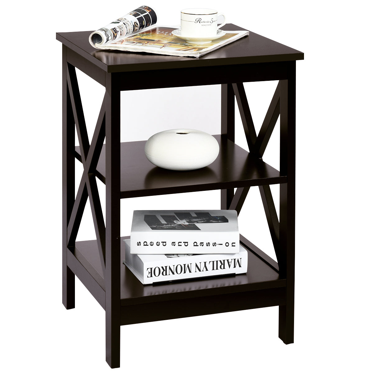 LIVSK Multifunctionele Bijzettafel - 3 Niveaus - Waterdicht - Duurzaam MDF - Eenvoudig te Monteren - 40 x 40 x 61 cm - Koffie
