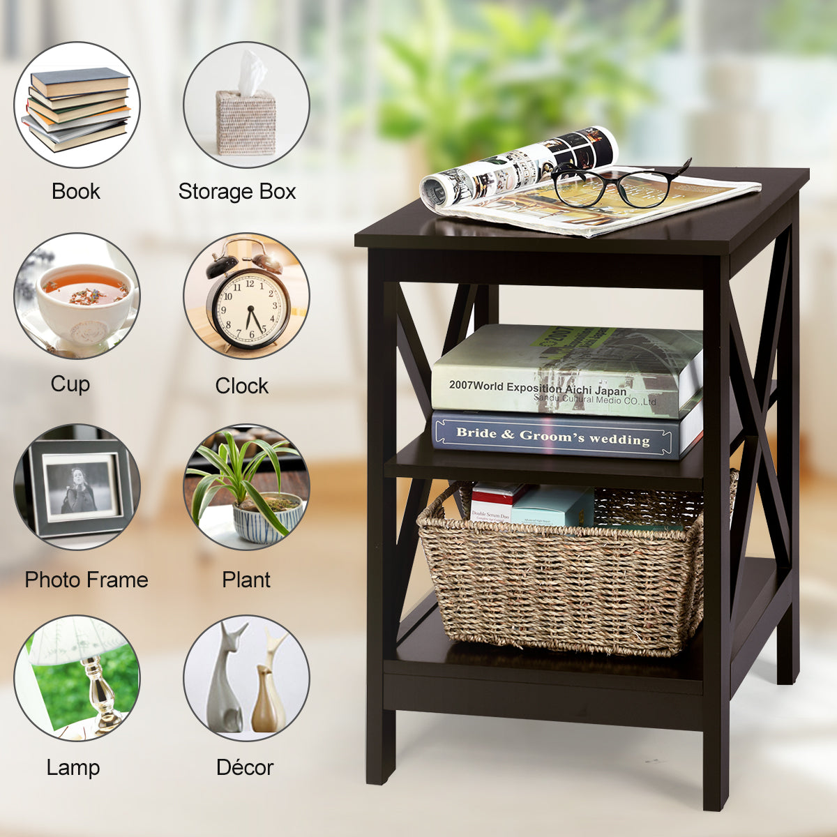 LIVSK Multifunctionele Bijzettafel - 3 Niveaus - Waterdicht - Duurzaam MDF - Eenvoudig te Monteren - 40 x 40 x 61 cm - Koffie