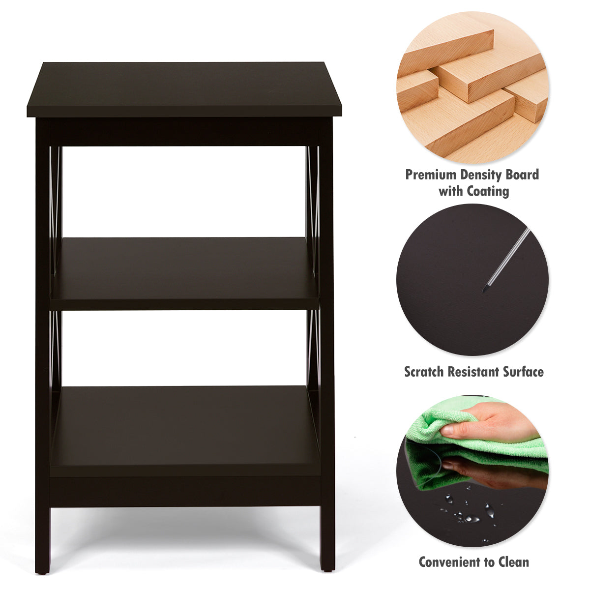LIVSK Multifunctionele Bijzettafel - 3 Niveaus - Waterdicht - Duurzaam MDF - Eenvoudig te Monteren - 40 x 40 x 61 cm - Koffie