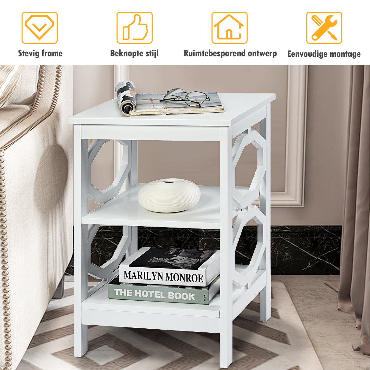 LIVSK Multifunctioneel Nachtkastje - 3 Niveaus - Waterdicht en Duurzaam - Stabiele Constructie - 40 x 40 x 61 cm - Wit