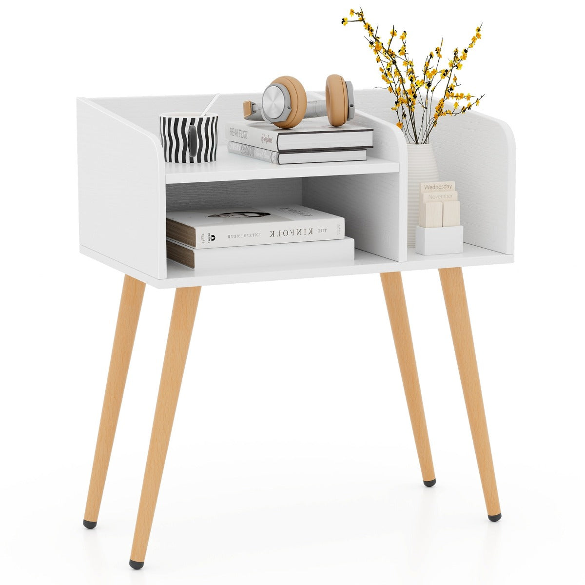 LIVSK Modern Nachtkastje - Royale Opbergruimte met Zijplank - Verhoogd Ontwerp - Stevige Metalen Poten - 50 x 32 x 58 cm - Wit
