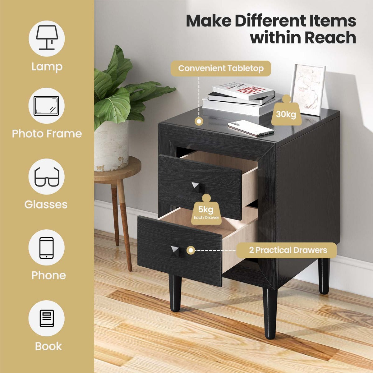 LIVSK Nachtkastje met Natuurlijke Houtnerf - Ruime Opbergruimte - Stevige Constructie - Multifunctioneel - 40 x 40 x 55 cm - Zwart