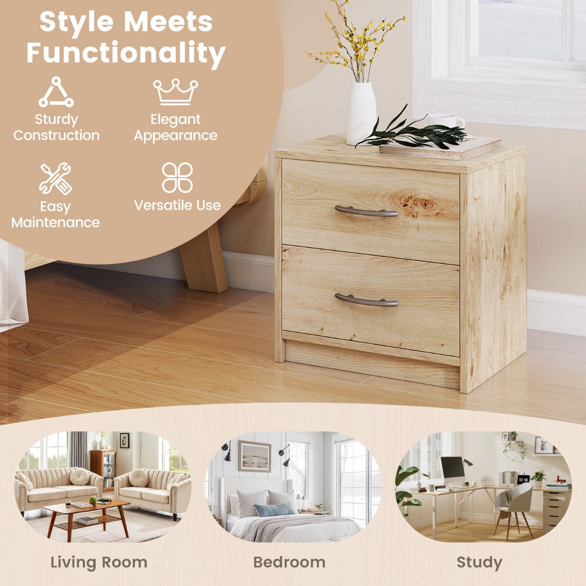 LIVSK Modern Nachtkastje met 2 Uittrekbare Lades - Robuust en Duurzaam - Tijdloos Design - Eiken / Wit