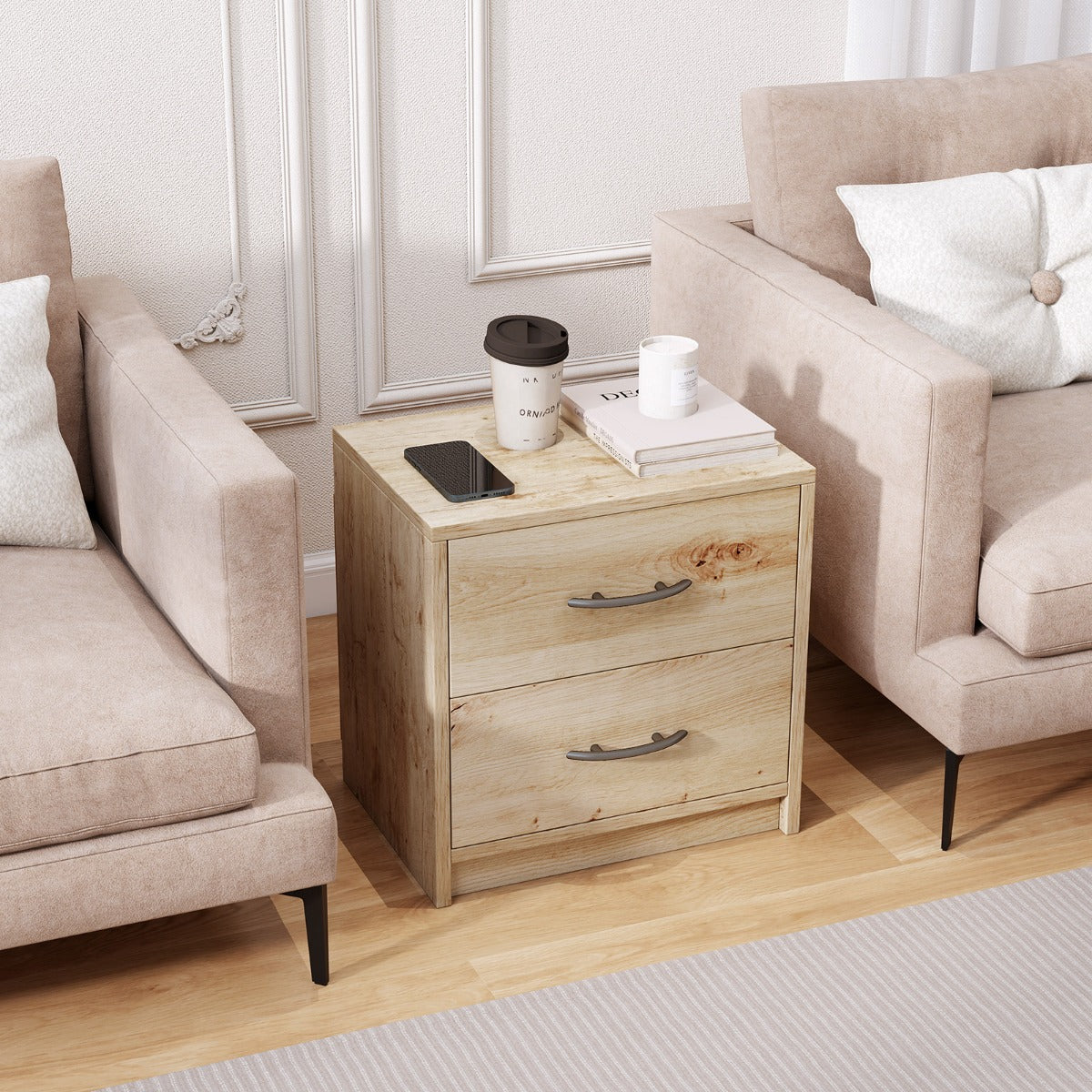LIVSK Modern Nachtkastje met 2 Uittrekbare Lades - Robuust en Duurzaam - Tijdloos Design - Eiken / Wit