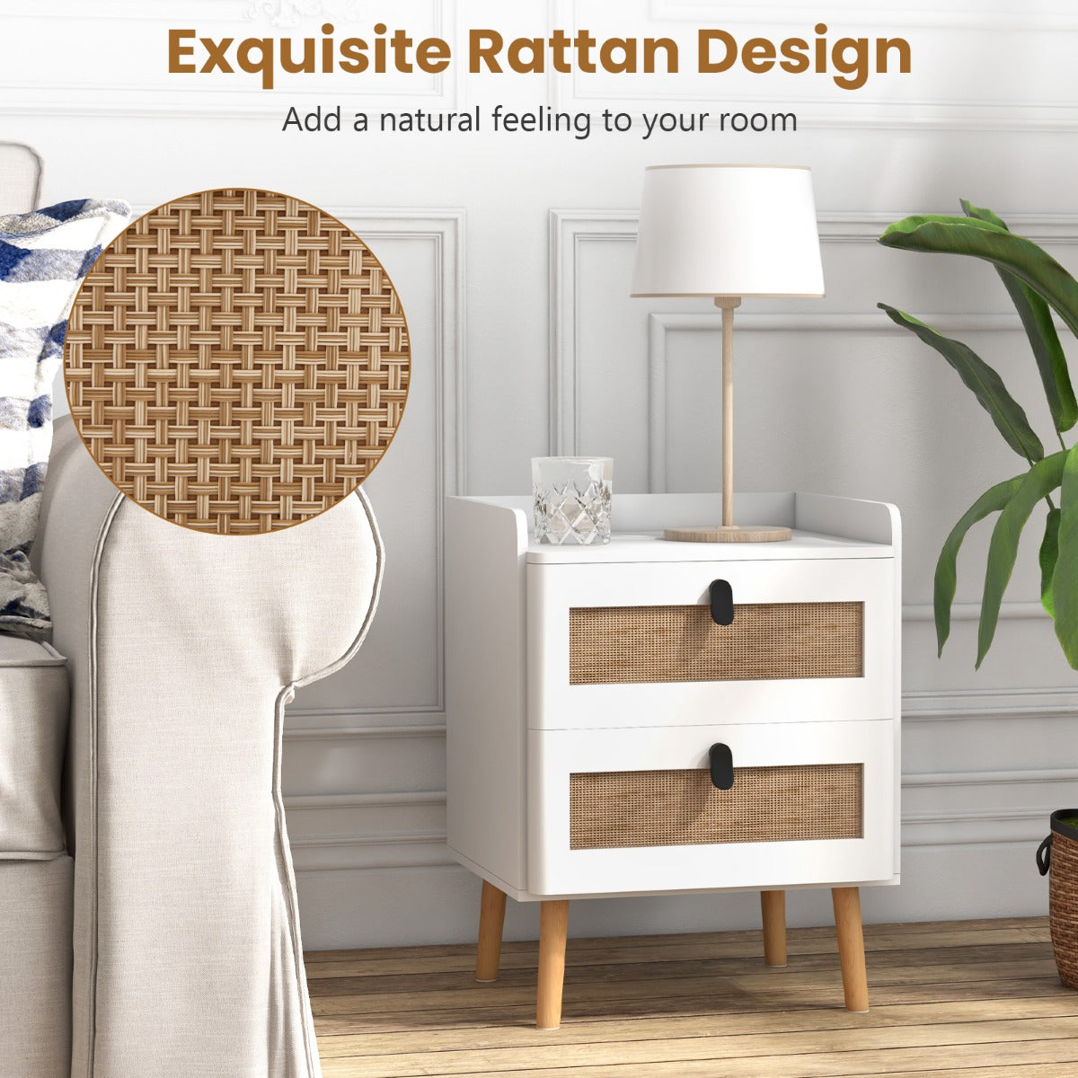 LIVSK Nachtkastje met Rotan Lades - Veelzijdig als Bijzettafel - 2 Ruime Lades - Elegant en Rustiek - 45 x 40 x 57 cm - Wit