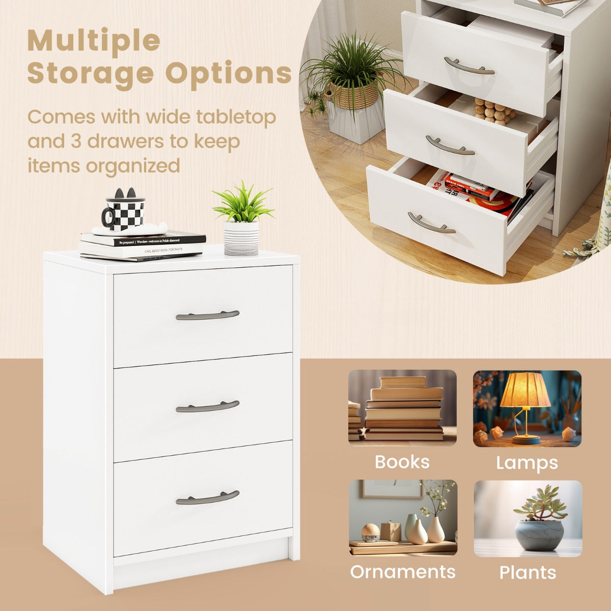 LIVSK Accentnachtkastje met 3 Laden - Robuuste Houten Constructie - Elegante Bijzettafel - Praktische Opbergoplossing - Wit