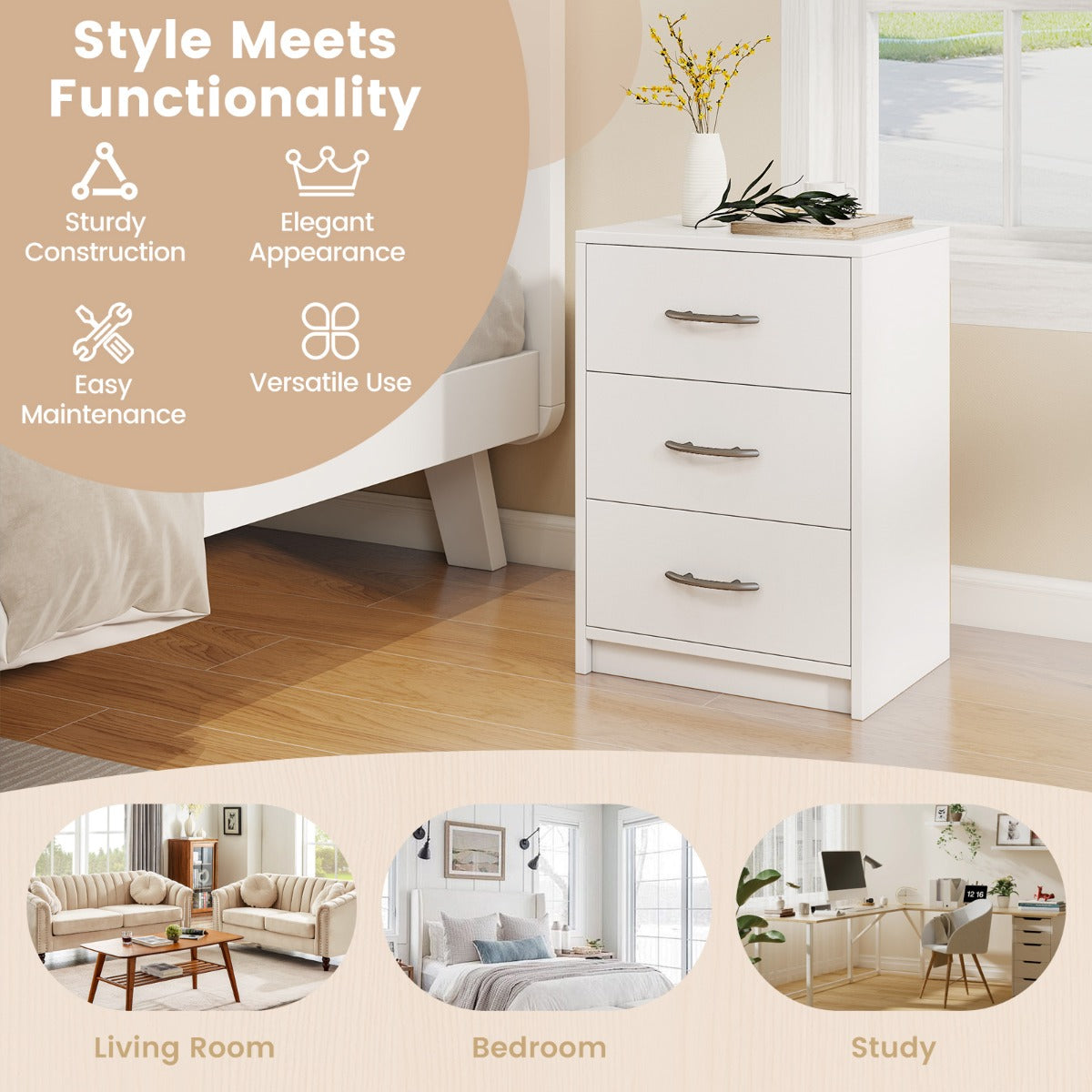 LIVSK Accentnachtkastje met 3 Laden - Robuuste Houten Constructie - Elegante Bijzettafel - Praktische Opbergoplossing - Wit