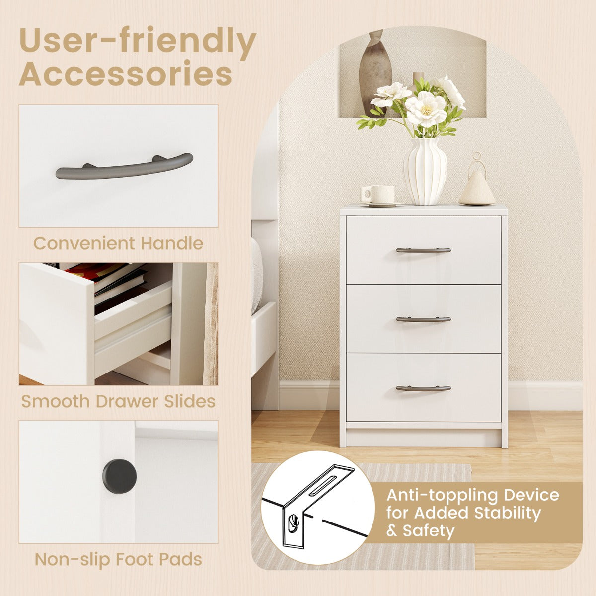 LIVSK Accentnachtkastje met 3 Laden - Robuuste Houten Constructie - Elegante Bijzettafel - Praktische Opbergoplossing - Wit
