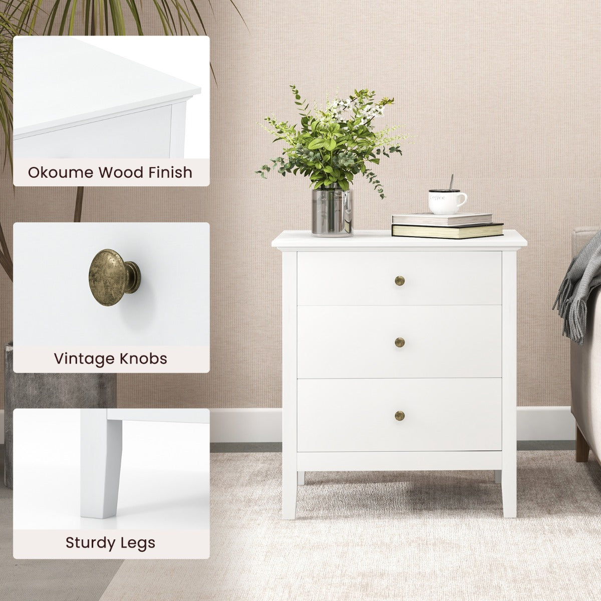 LIVSK Nachtkastje met 3 Lades - Hoogwaardig MDF - Multifunctioneel - Duurzaam en Elegant - 61 x 46 x 66 cm - Wit