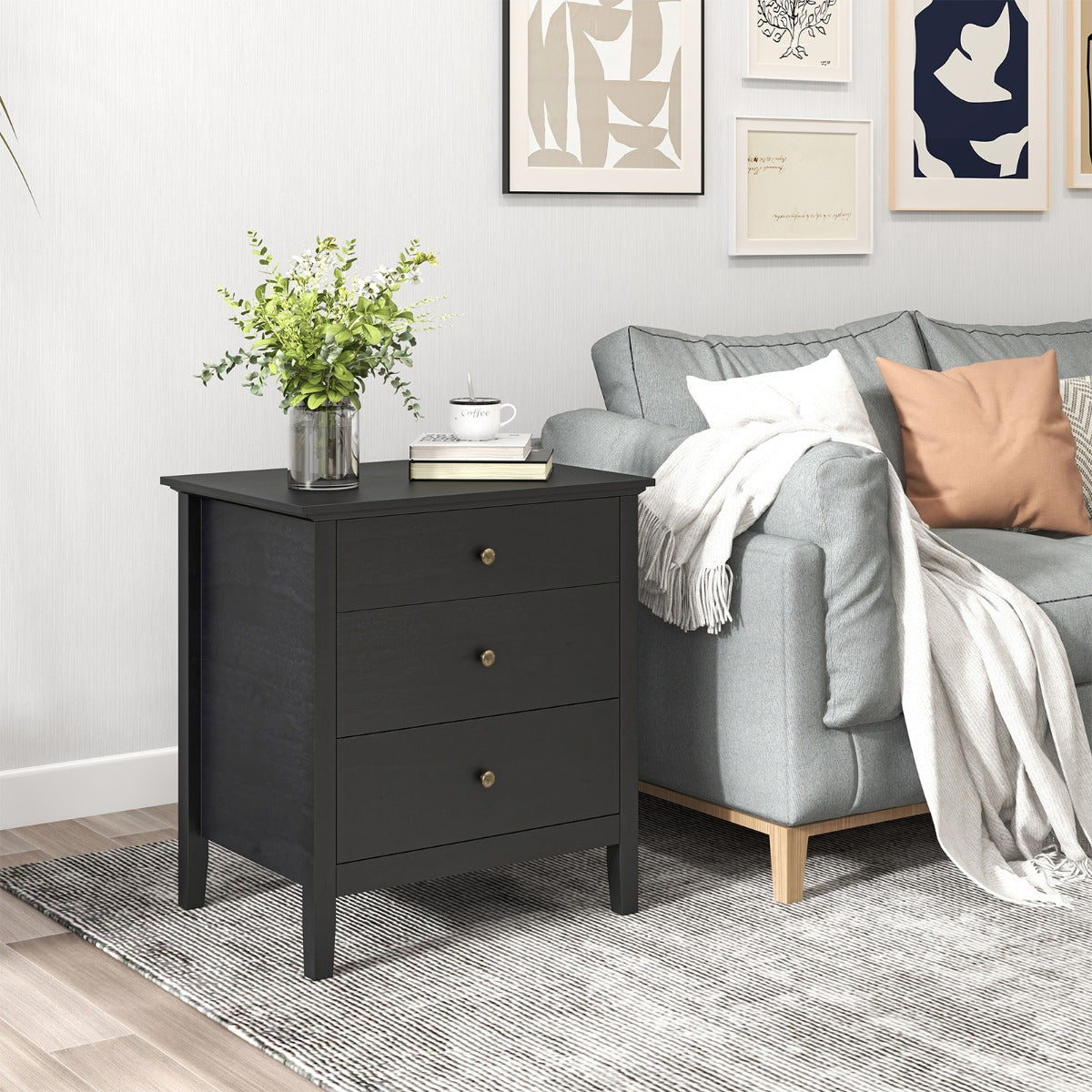 LIVSK Nachtkastje met 3 Lades - Hoogwaardig MDF - Multifunctioneel - Eenvoudige Montage - 61 x 46 x 66 cm - Zwart