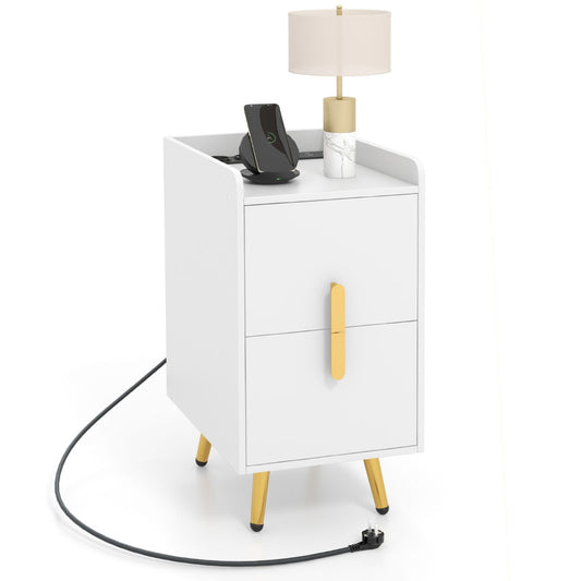 LIVSK Bijzettafel met Oplaadstation - 3 Stopcontacten en 2 USB-poorten - Uittrekbare Lades - 40 x 32 x 60 cm - Wit