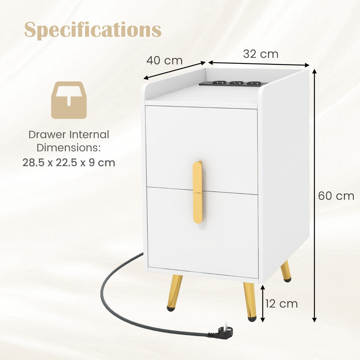 LIVSK Bijzettafel met Oplaadstation - 3 Stopcontacten en 2 USB-poorten - Uittrekbare Lades - 40 x 32 x 60 cm - Wit