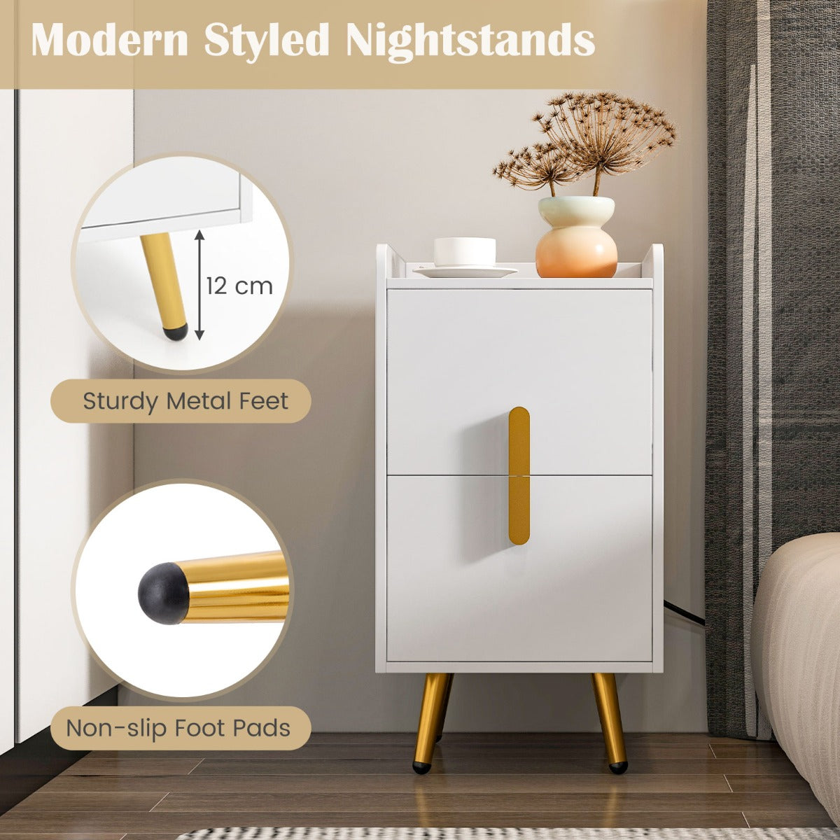 LIVSK Bijzettafel met Oplaadstation - 3 Stopcontacten en 2 USB-poorten - Uittrekbare Lades - 40 x 32 x 60 cm - Wit