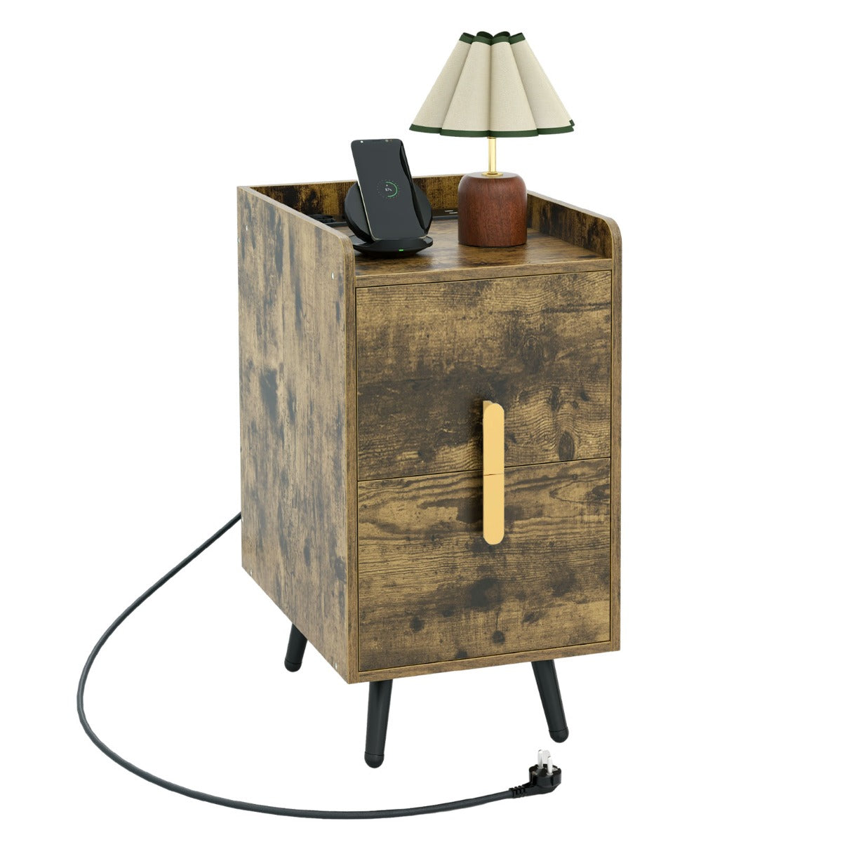 LIVSK Bijzettafel met Oplaadstation - 3 Stopcontacten en 2 USB-Poorten - 2 Uittrekbare Laden - Stabiele Steunvoeten - 40 x 32 x