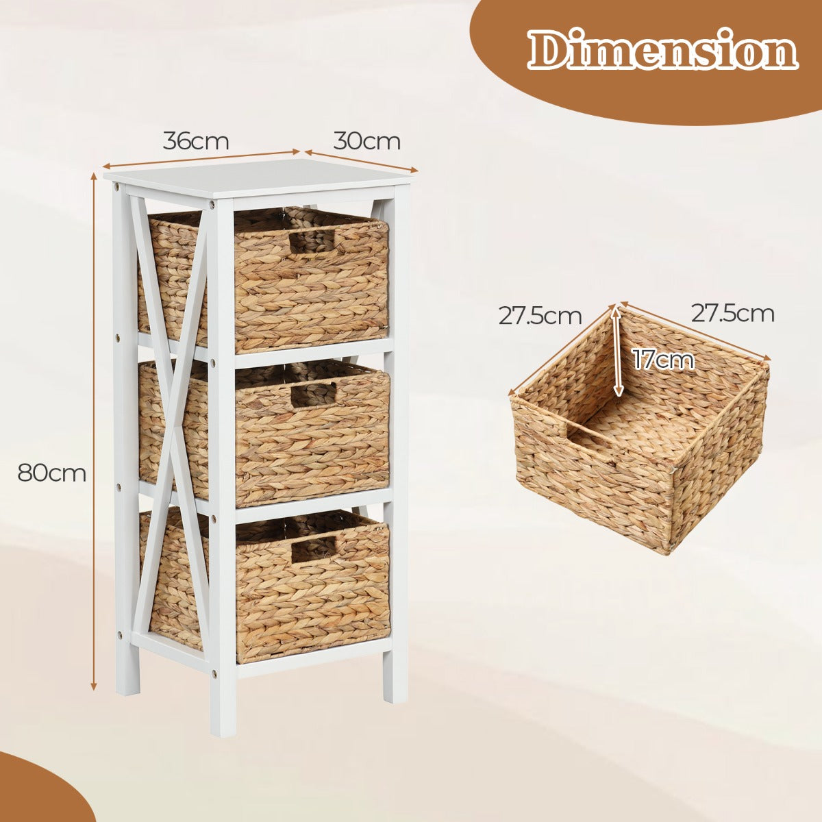 LIVSK Nachtkastje met 3 Zeegras Manden - Duurzaam Acaciahout - Stevige Constructie - 36 x 30 x 80 cm - Wit