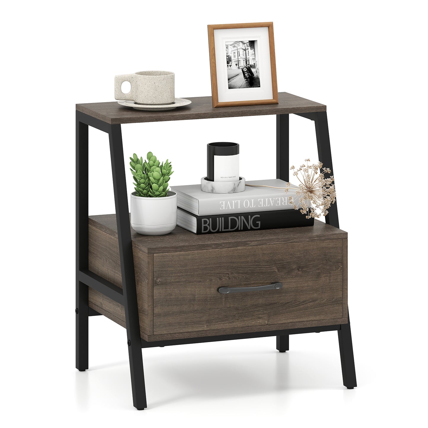 LIVSK Nachtkastje met Metalen Frame - Open Plank en Lade - Duurzaam en Stabiel - 45 x 35 x 52,5 cm - Grijs
